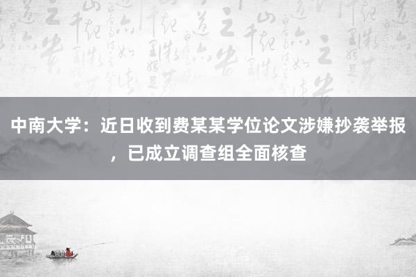中南大学：近日收到费某某学位论文涉嫌抄袭举报，已成立调查组全面核查